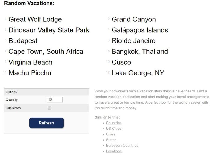 Random Lists Vacations